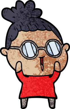 Bir insan tarafından çizilmiş gözlüklü bir karikatür kadın.