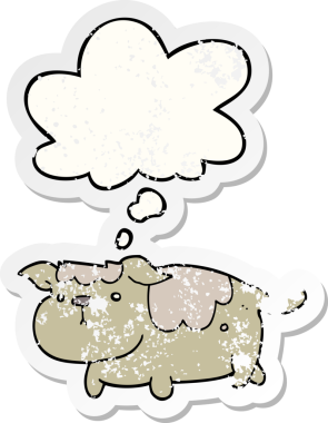 Düşünce baloncuğu olan çizgi film köpeği insan tarafından çizilmiş yıpranmış bir çıkartma gibi.