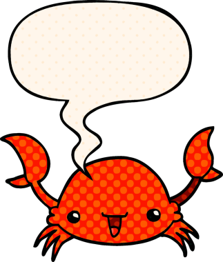 Bir insan tarafından çizilmiş çizgi roman tarzında konuşma baloncuklu bir yengeç.