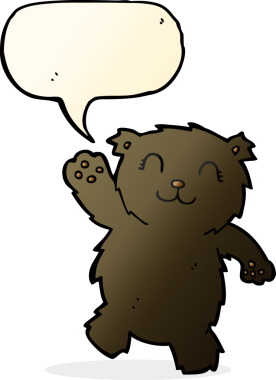 Bir insan tarafından çizilmiş konuşma balonuyla siyah ayıyı sallayan çizgi film.