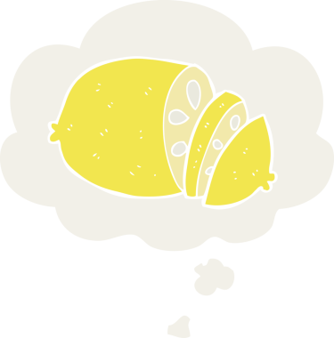 Düşünce baloncuklu dilimlenmiş limon insan tarafından çizilmiş.