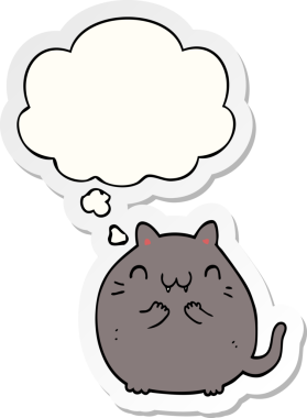 Mutlu çizgi film kedisi. Düşünce baloncuğu insan tarafından çizilmiş bir çıkartma.