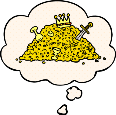 Bir insan tarafından çizilmiş, düşünce baloncuklu bir hazine yığını.