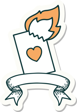 Bir insan tarafından çizilmiş yanan bir kartın pankartına sahip dövme stili çıkartması