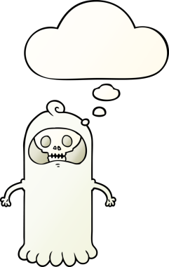 Bir insan tarafından çizilmiş yumuşak eğimli düşünce baloncuğu olan tuhaf kafatası hayaleti çizgi filmi.