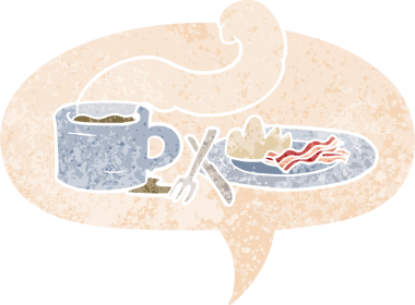 Bir insan tarafından çizilmiş grunge dertli retro tarzı ile konuşma baloncuklu çizgi film kahvaltısı