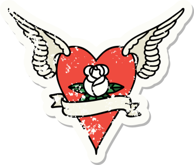 Geleneksel bir stil olan, çiçek ve pankart çizilmiş uçan kalp dövmesi.