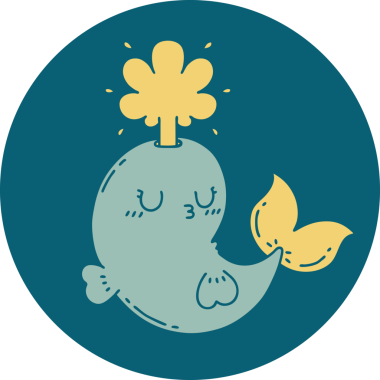 Dövme stili bir ikon Bir insan tarafından çizilmiş mutlu fışkırtan balina karakteri