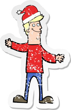 Bir insan tarafından çizilmiş Noel 'e hazır karikatürcü bir adamın gerilimli çıkartması.