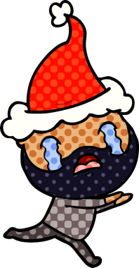 Bir insanın çizdiği Noel Baba şapkasıyla ağlayan sakallı bir adamın el çizimi çizgi roman tasviri.