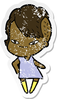 Hipster saç kesimi bir insan tarafından çizilmiş tatlı bir çizgi film kızına ait sıkıntılı bir etiket.