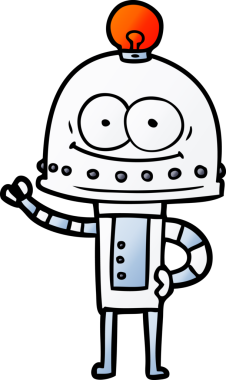 Bir insan tarafından çizilmiş ampullü mutlu karton robot.