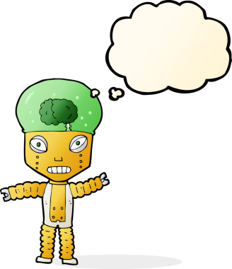 Bir insan tarafından çizilmiş düşünce baloncuğu olan geleceğin robotu.