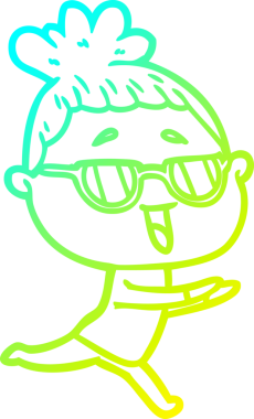 Bir insan tarafından çizilmiş gözlük takan mutlu bir kadının çizgi film çizimi.