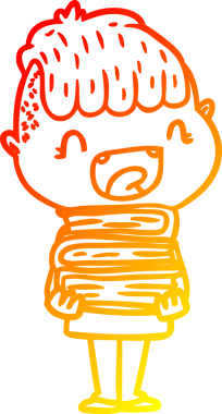 İnsan tarafından çizilmiş yeni kitapları olan mutlu bir çocuğun sıcak çizgi çizimi.