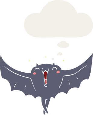 Bir insan tarafından çizilmiş düşünce baloncuklu mutlu vampir yarasa çizgi filmi.