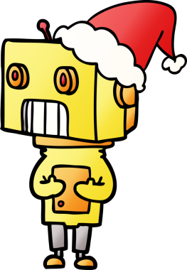 Bir insan tarafından çizilmiş Noel Baba şapkası takan bir robotun gradyan çizimi.