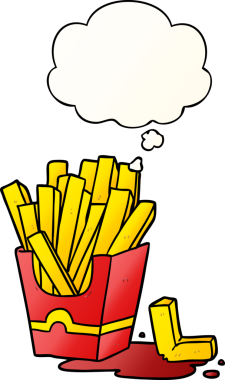 Düşünce baloncuğu olan çizgi film kızartmaları bir insan tarafından çizilmiş.