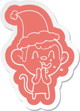 Bir insan tarafından çizilmiş Noel Baba şapkası takan bir maymunun çılgın çizgi film çıkartması.