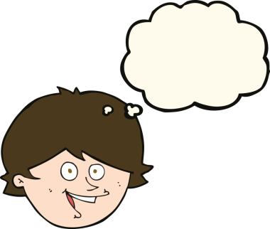 Bir insan tarafından çizilmiş düşünce baloncuklu mutlu çocuk yüzü.