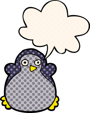 Bir insan tarafından çizilmiş çizgi roman tarzında konuşma balonu olan penguen çizgi filmi.