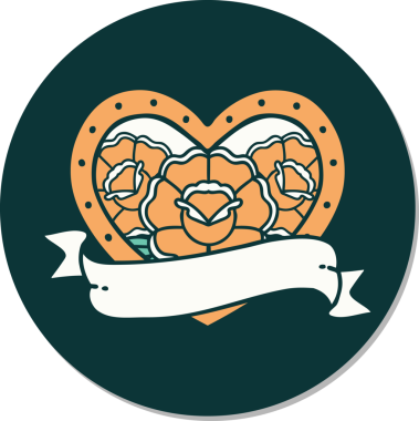 Geleneksel kalp stili dövme çıkartması ve bir insan tarafından çizilmiş çiçekli pankart.