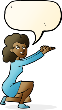 Bir insan tarafından çizilmiş konuşma balonuyla sunum yapan bir karikatür kadını.