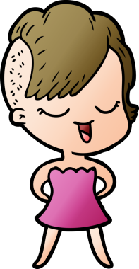 Bir insan tarafından çizilmiş kokteyl elbisesi içindeki mutlu çizgi film kızı.