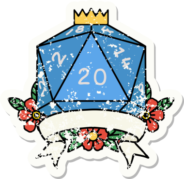 Bir insan tarafından çekilen 20 kritik vuruşluk D20 zar atımının grunge çıkartması.