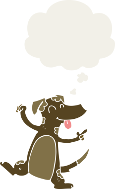 Düşünce baloncuğu olan çizgi film köpeği insan tarafından çizilmiş.