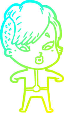 Bir çizgi film çizimi, bir insan tarafından çizilmiş bilimkurgu elbiseli bir kızı şaşırttı.