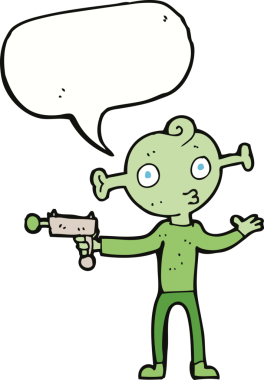 Bir insan tarafından çizilmiş, ışın tabancalı çizgi film uzaylısı.