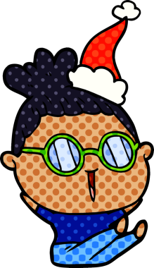 Bir insanın çizdiği Noel Baba şapkası takan bir kadının el çizimi çizgi roman tasviri.