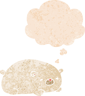 Karikatür kutup ayısı grunge 'da düşünce baloncuğu olan sıkıntılı retro desenli bir insan çizimi.