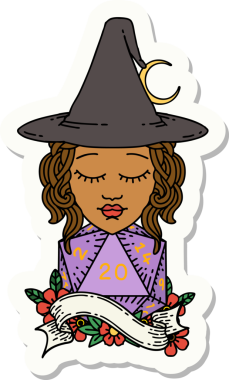 Bir insan büyücüsünün çıkartması. Bir insan tarafından çizilmiş 20 D20 zarlı.