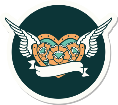 Geleneksel bir dövme stili. Uçan kalp. Çiçekler ve bir insan tarafından çizilmiş bayrak.