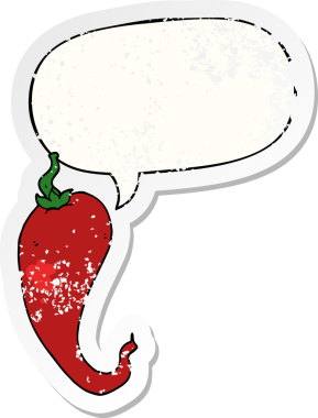 Konuşma balonlu kırmızı biber karikatürü bir insan tarafından çizilmiş sıkıntılı eski bir çıkartma