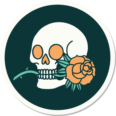 Geleneksel kafatası stili dövme çıkartması ve bir insan tarafından çizilmiş gül.