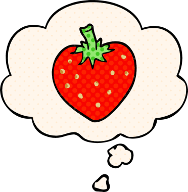 Çizgi roman tarzında bir insan tarafından çizilmiş düşünce baloncuğu olan çilekli çizgi film.
