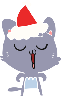 Bir insan tarafından çizilmiş Noel Baba şapkası takan bir kedinin düz renkli çizimi.