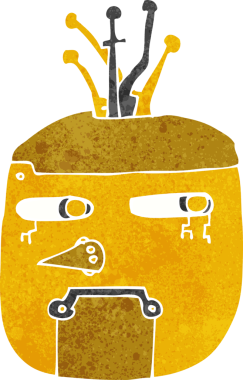 Bir insan tarafından çizilmiş altın renkli robot kafası.