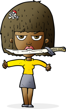 Bir insan tarafından çizilmiş, dişlerinin arasında bıçak olan çizgi film kadını.