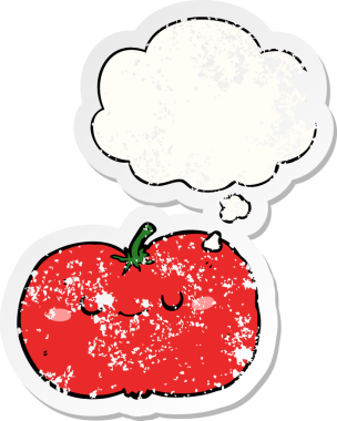 Düşünce baloncuklu çizgi film elması bir insan tarafından çizilmiş yıpranmış bir çıkartma gibi.