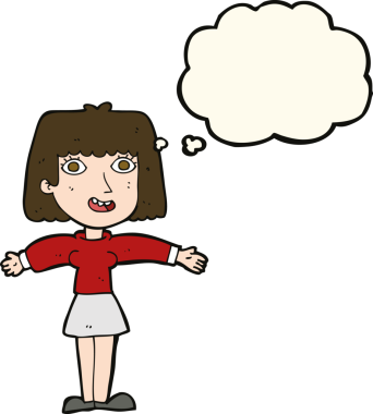 Bir insan tarafından çizilmiş düşünce baloncuğu olan heyecanlı bir kadın.