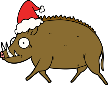 Bir insan tarafından çizilmiş Noel Baba şapkası takan bir yaban domuzu çizimi.