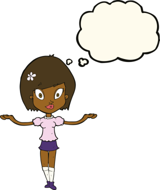 Bir insan tarafından çizilen düşünce baloncuğuyla dengeleyici bir jest yapan çizgi film kadını.