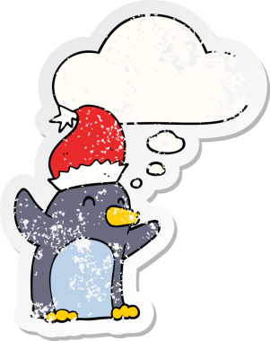 Düşünce baloncuğu insan tarafından çizilmiş kederli bir çıkartma olan şirin bir çizgi film pengueni.