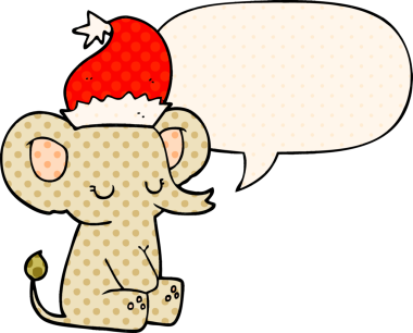 Bir insan tarafından çizilmiş çizgi roman tarzında konuşma balonu olan şirin bir Noel fili.