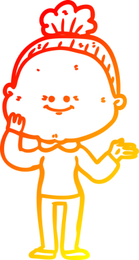 Bir insan tarafından çizilmiş mutlu, yaşlı bir kadının sıcak çizgi çizimi.