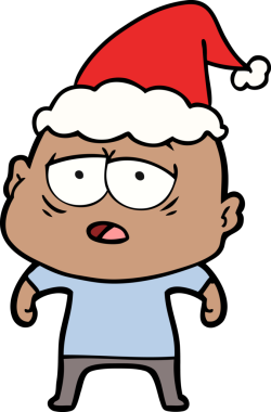 Bir insan tarafından çizilmiş Noel Baba şapkası giyen yorgun ve kel bir adamın el çizimi.